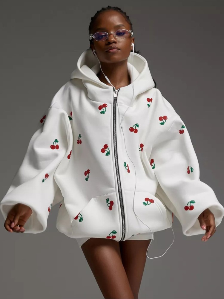 Streetwear Brand Hoodies - Women's Cherry Printed Sweatshirt Jacket 2025